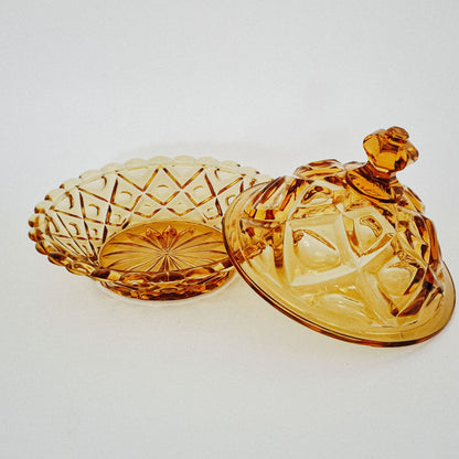 Viking Diamond Thumbprint Amber Round Covered Butter Dish, c.1970s USA