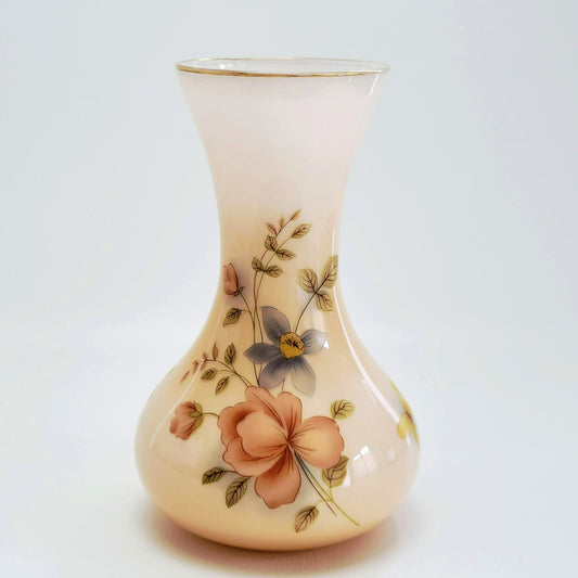 Vintage Pink Floral 10" Glass Vase, Muted Pink & Blue Flowers with Yellow Butterfly