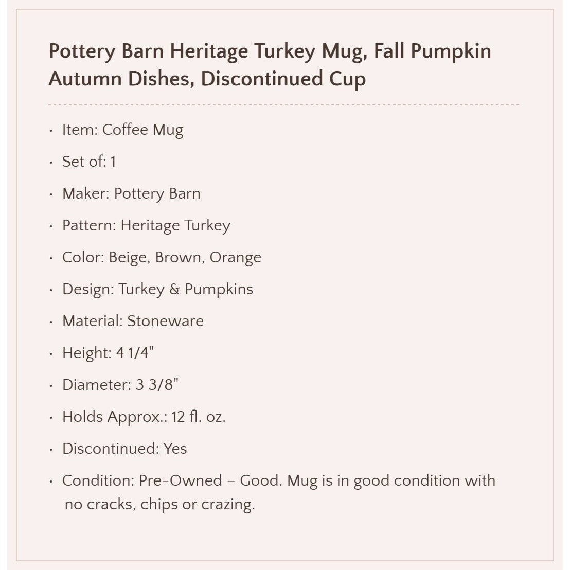 Pottery Barn "Heritage Turkey" Coffee Mug