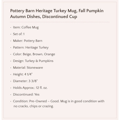 Pottery Barn "Heritage Turkey" Coffee Mug