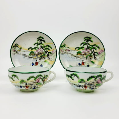 Nippon Kutani Teacup & Saucers, Green Trim Hand Painted Japanese Mountain & Lake Scene