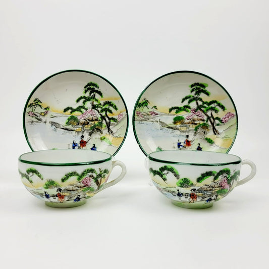 Nippon Kutani Teacup & Saucers, Green Trim Hand Painted Japanese Mountain & Lake Scene