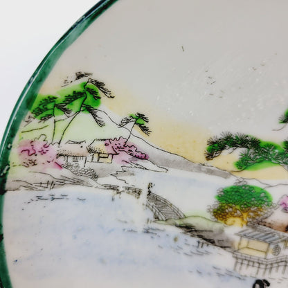 Nippon Kutani Teacup & Saucers, Green Trim Hand Painted Japanese Mountain & Lake Scene