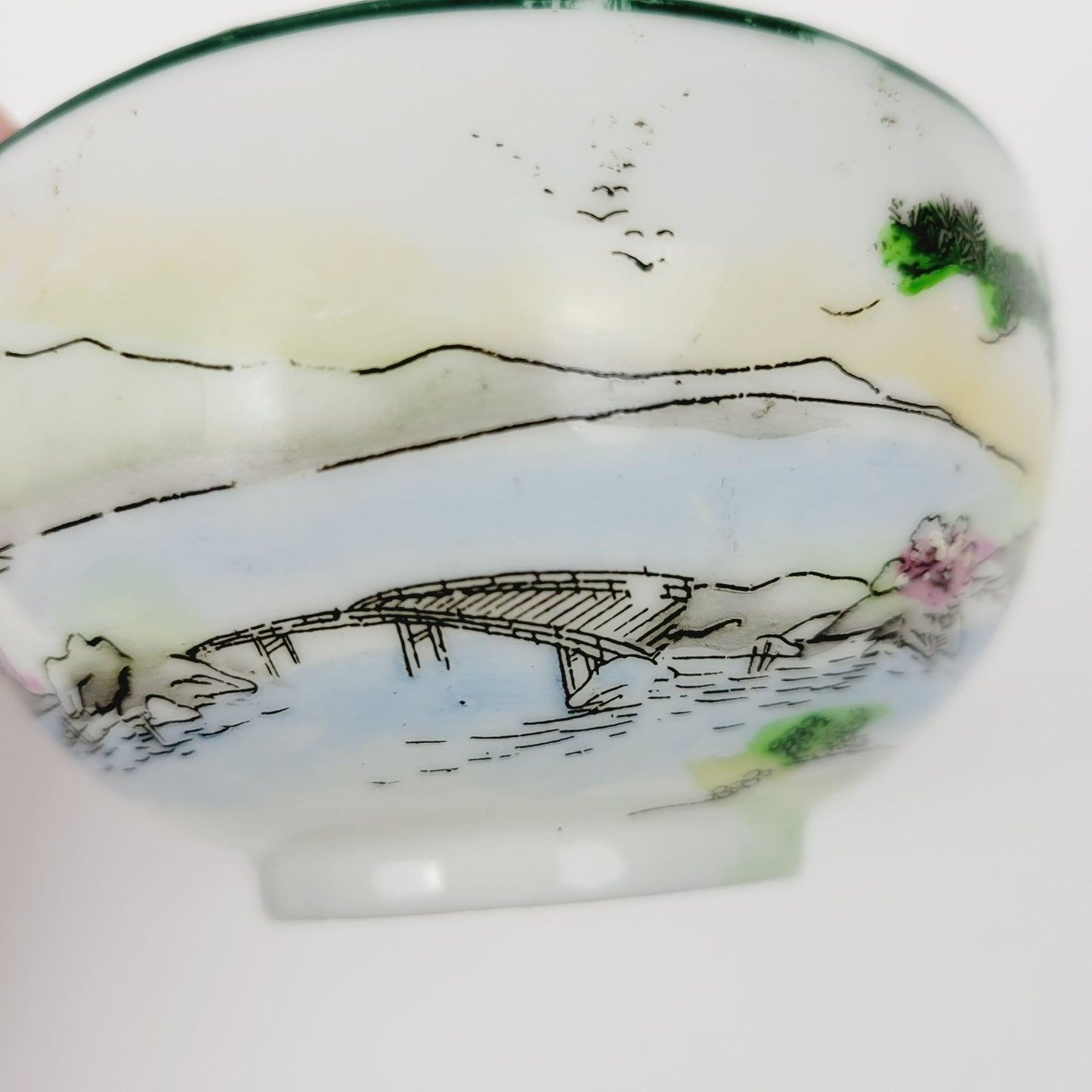 Nippon Kutani Teacup & Saucers, Green Trim Hand Painted Japanese Mountain & Lake Scene