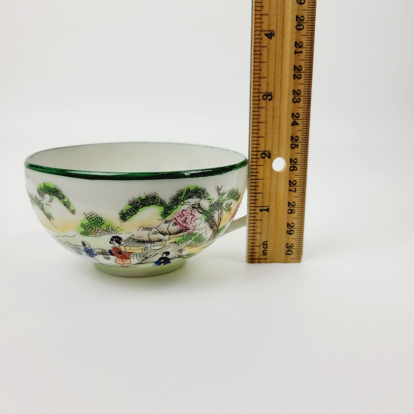 Nippon Kutani Teacup & Saucers, Green Trim Hand Painted Japanese Mountain & Lake Scene