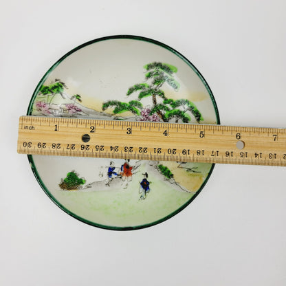 Nippon Kutani Teacup & Saucers, Green Trim Hand Painted Japanese Mountain & Lake Scene