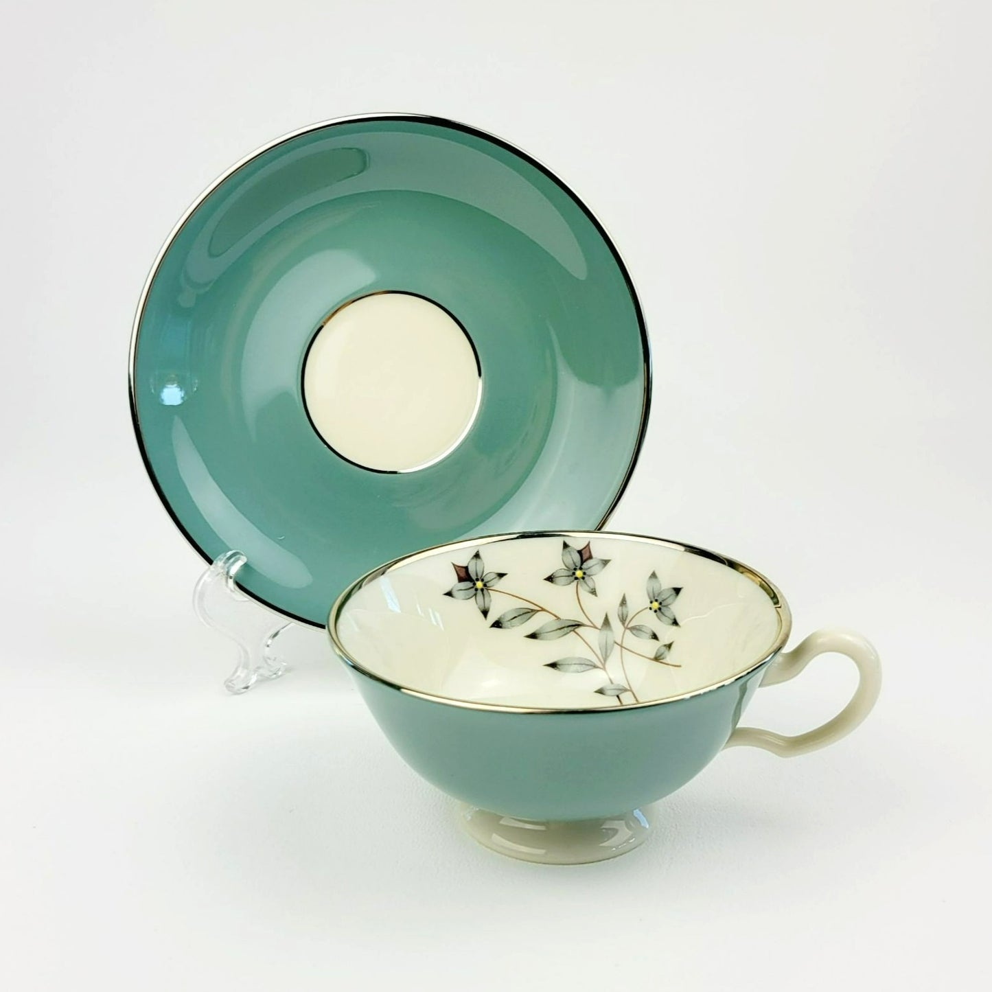 Lenox Kingsley Teacup & Saucer, Teal Band & Platinum Trim, Floral Center, c1954-79 USA