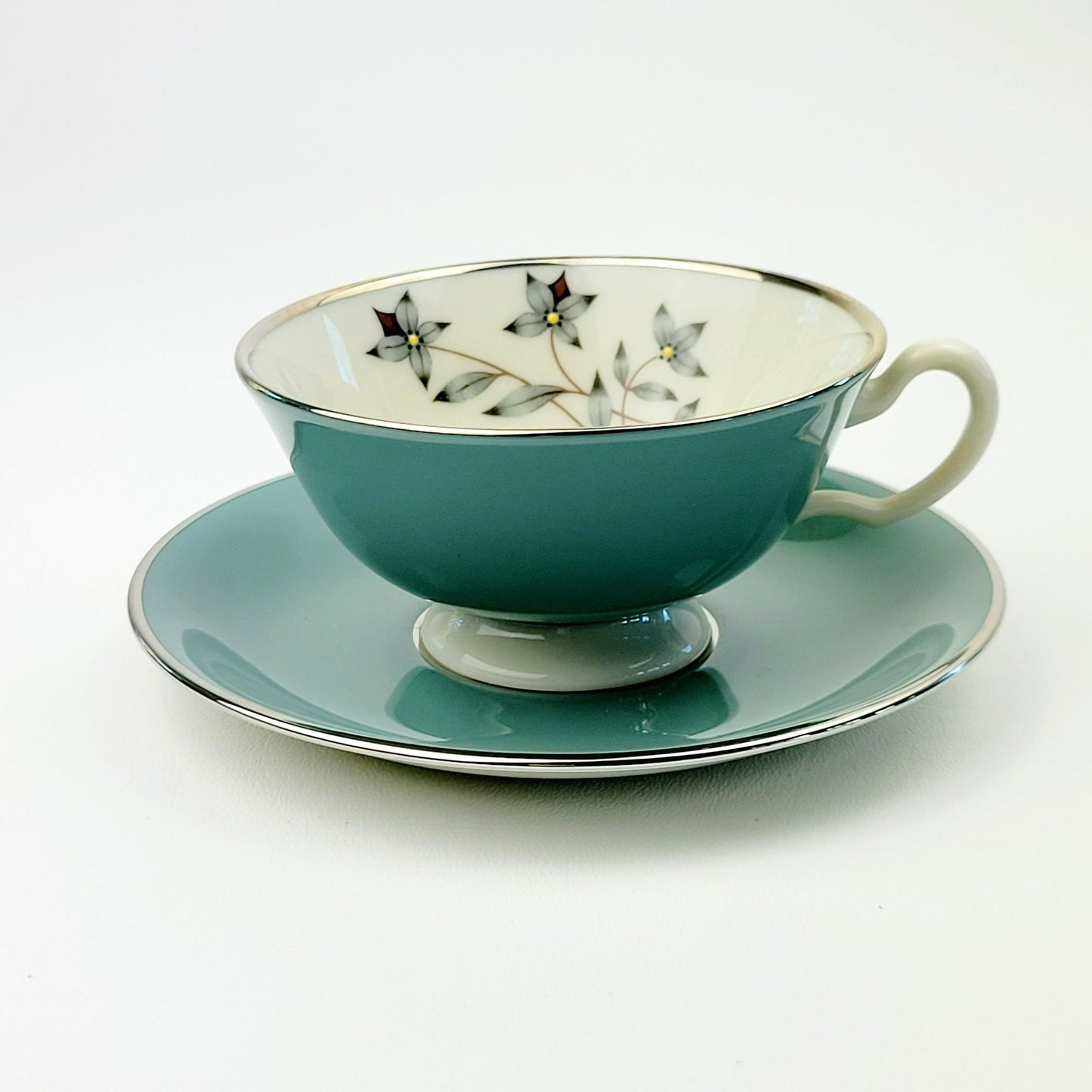 Lenox Kingsley Teacup & Saucer, Teal Band & Platinum Trim, Floral Center, c1954-79 USA