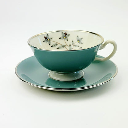 Lenox Kingsley Teacup & Saucer, Teal Band & Platinum Trim, Floral Center, c1954-79 USA