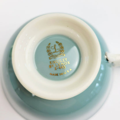 Lenox Kingsley Teacup & Saucer, Teal Band & Platinum Trim, Floral Center, c1954-79 USA