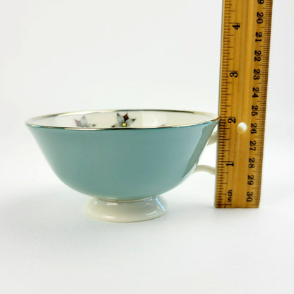 Lenox Kingsley Teacup & Saucer, Teal Band & Platinum Trim, Floral Center, c1954-79 USA