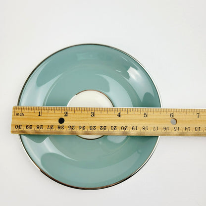 Lenox Kingsley Teacup & Saucer, Teal Band & Platinum Trim, Floral Center, c1954-79 USA