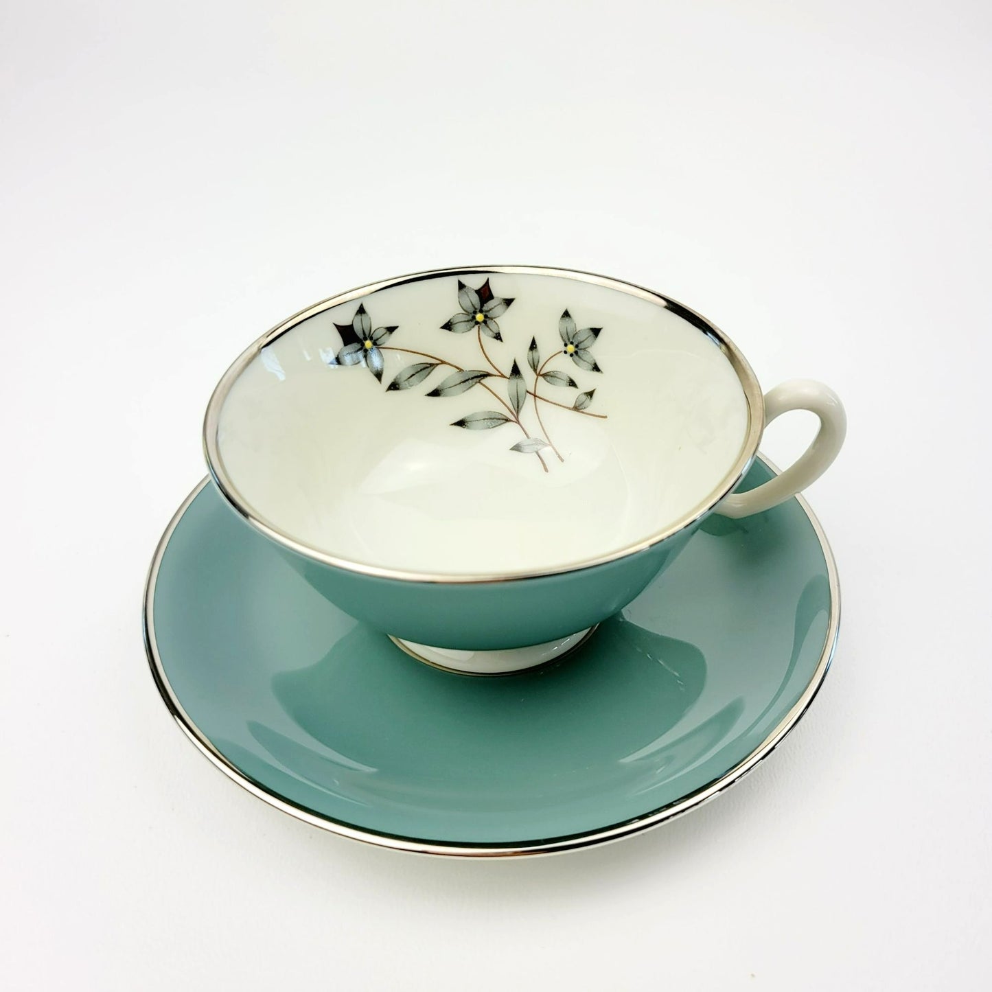 Lenox Kingsley Teacup & Saucer, Teal Band & Platinum Trim, Floral Center, c1954-79 USA