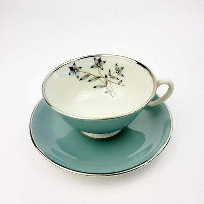 Lenox Kingsley Teacup & Saucer, Teal Band & Platinum Trim, Floral Center, c1954-79 USA