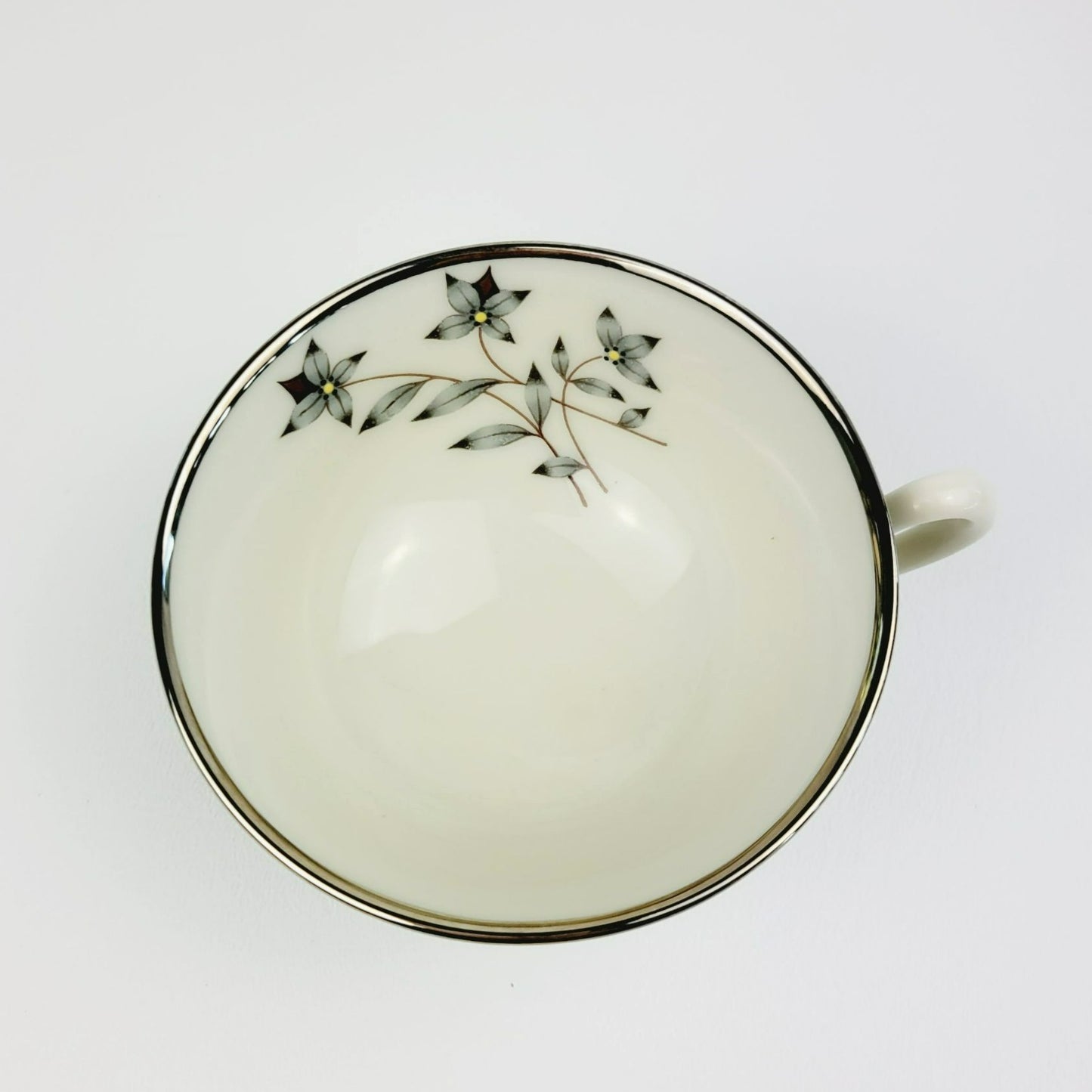 Lenox Kingsley Teacup & Saucer, Teal Band & Platinum Trim, Floral Center, c1954-79 USA