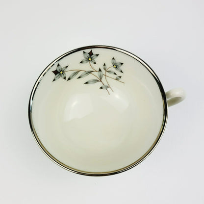Lenox Kingsley Teacup & Saucer, Teal Band & Platinum Trim, Floral Center, c1954-79 USA
