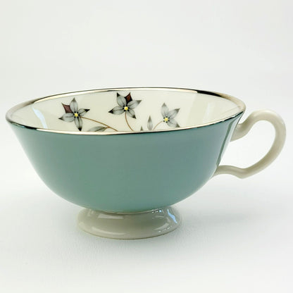 Lenox Kingsley Teacup & Saucer, Teal Band & Platinum Trim, Floral Center, c1954-79 USA