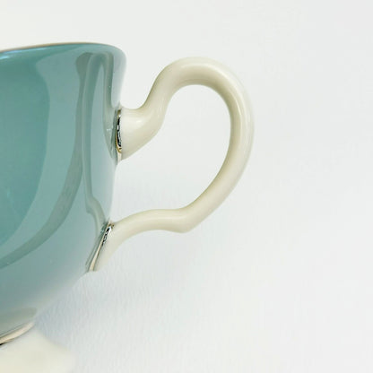 Lenox Kingsley Teacup & Saucer, Teal Band & Platinum Trim, Floral Center, c1954-79 USA