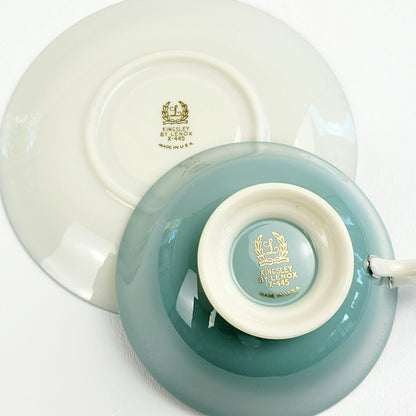 Lenox Kingsley Teacup & Saucer, Teal Band & Platinum Trim, Floral Center, c1954-79 USA