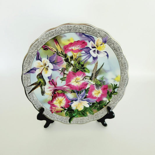 Bradford Exchange Hummingbird Silver Edge Plate, Perfect Harmony Whispering Wings Collection,  c.1996 by Janene Grende,