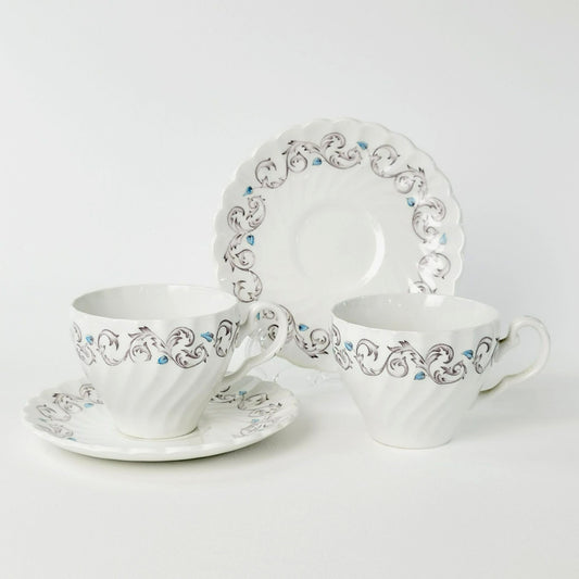 Johnson Bros Encore Cup & Saucer, 2 Sets, Blue Leaves with Tan Scrolls, c.1963-73 England