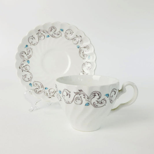 Johnson Bros Encore Cup & Saucer, 2 Sets, Blue Leaves with Tan Scrolls, c.1963-73 England