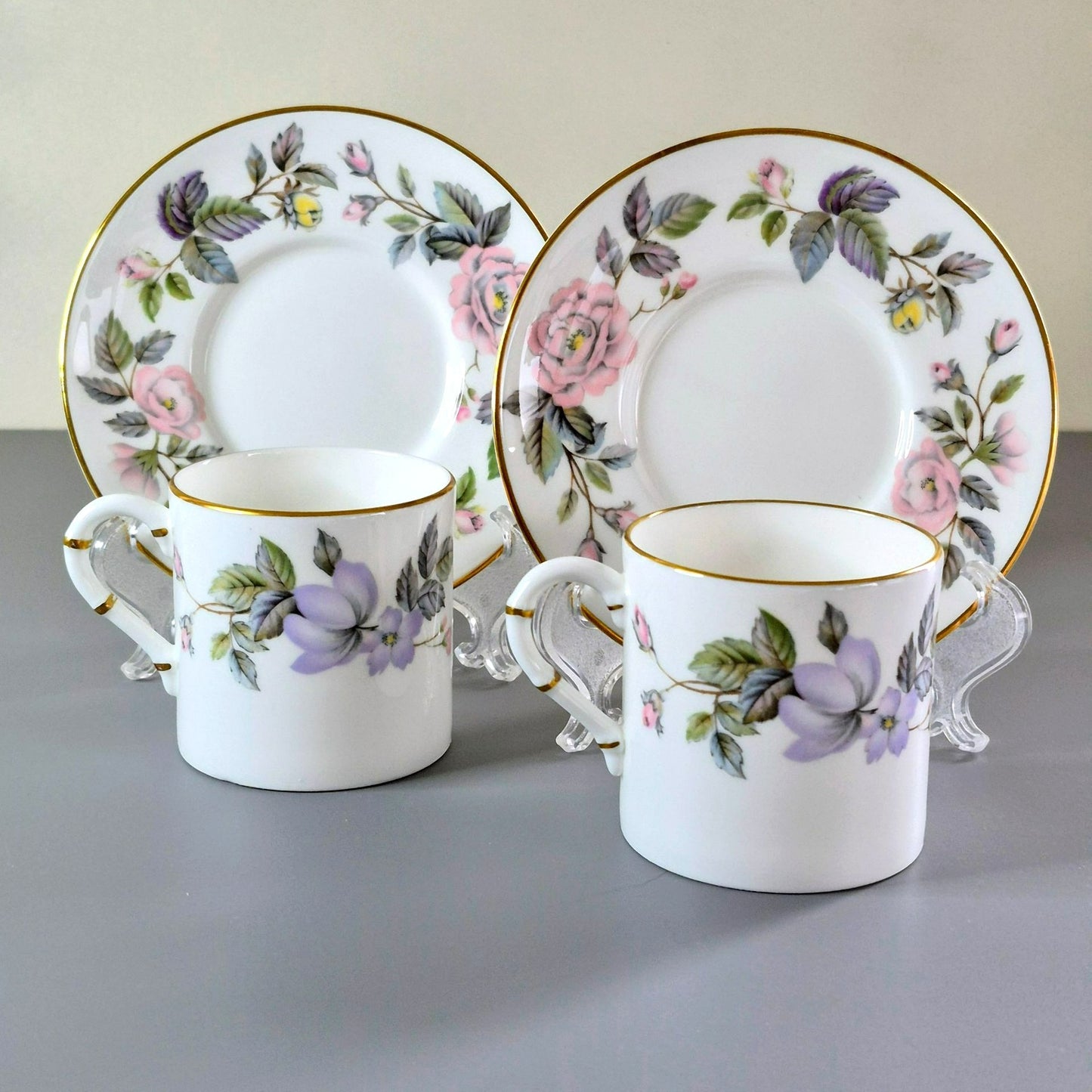 Royal Worcester "June Garland" Espresso Cup & Saucer, 2 Sets, c.1965-85 England