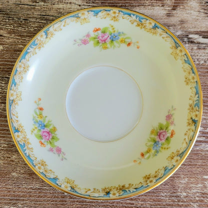 Vintage Japanese Teacup & Saucer, Cream with Blue & Tan Border, Floral Spray, c.1945-48 Rose China Occupied Japan