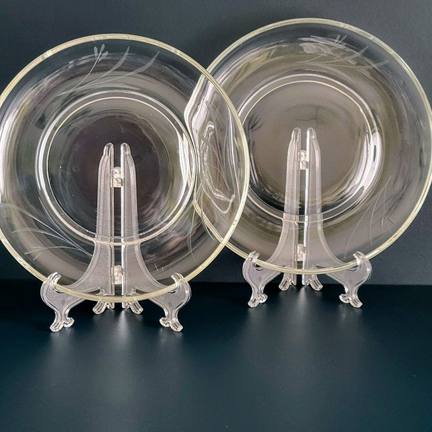 Vintage Etched Clear Glass Footed Salad Plate Set of 2