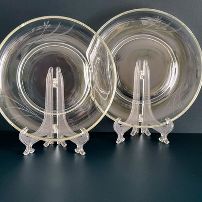 Vintage Etched Clear Glass Footed Salad Plate Set of 2