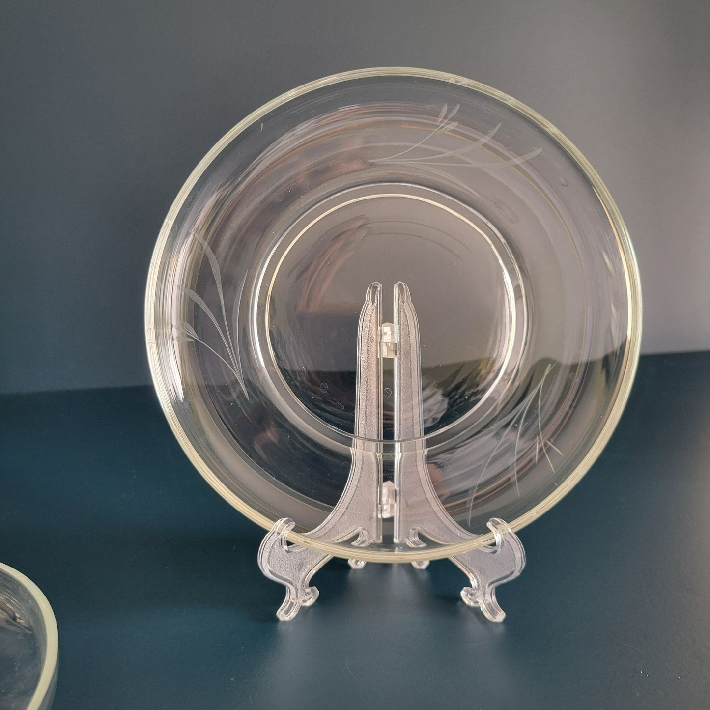 Vintage Etched Clear Glass Footed Salad Plate Set of 2