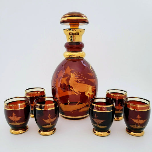 Vintage Etched Elk Stag Decanter Set, Amber Brown Bohemian Glass