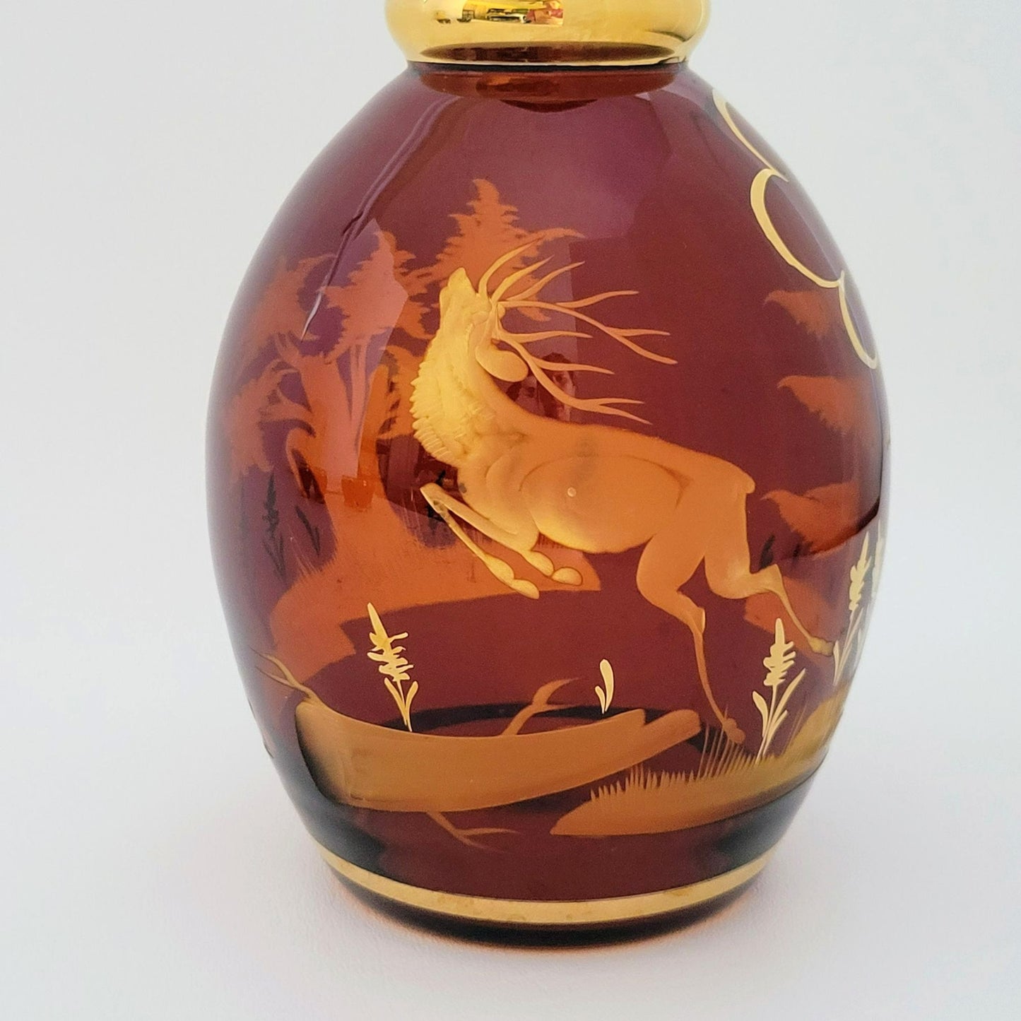 Vintage Etched Elk Stag Decanter Set, Amber Brown Bohemian Glass