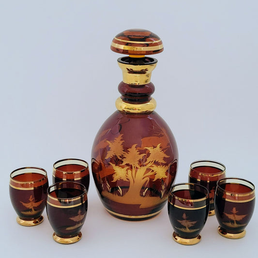 Vintage Etched Elk Stag Decanter Set, Amber Brown Bohemian Glass