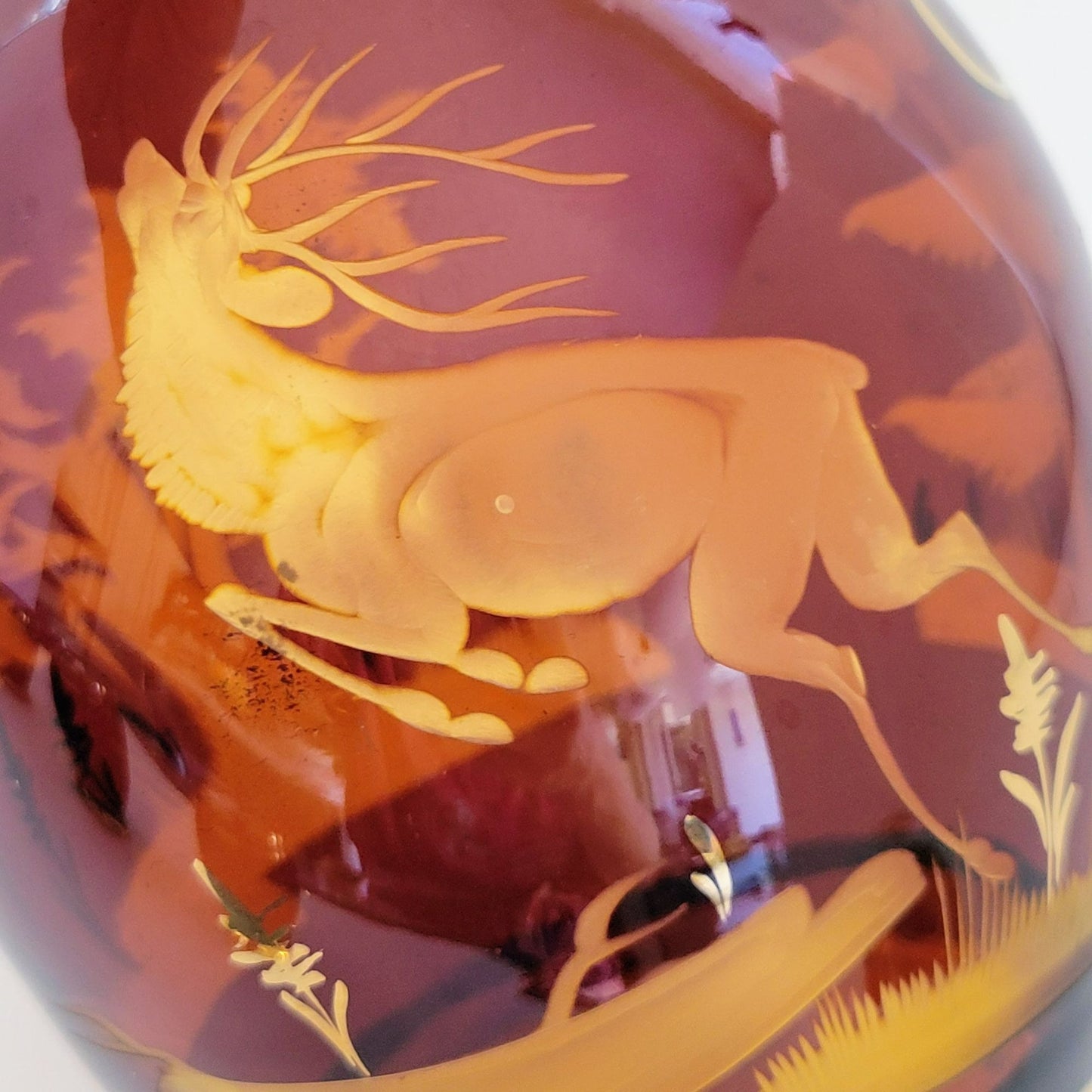 Vintage Etched Elk Stag Decanter Set, Amber Brown Bohemian Glass