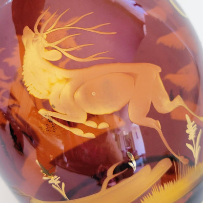 Vintage Etched Elk Stag Decanter Set, Amber Brown Bohemian Glass