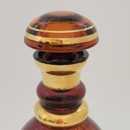 Vintage Etched Elk Stag Decanter Set, Amber Brown Bohemian Glass