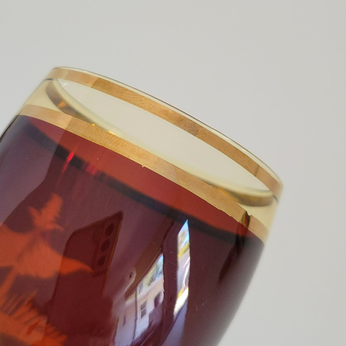 Vintage Etched Elk Stag Decanter Set, Amber Brown Bohemian Glass