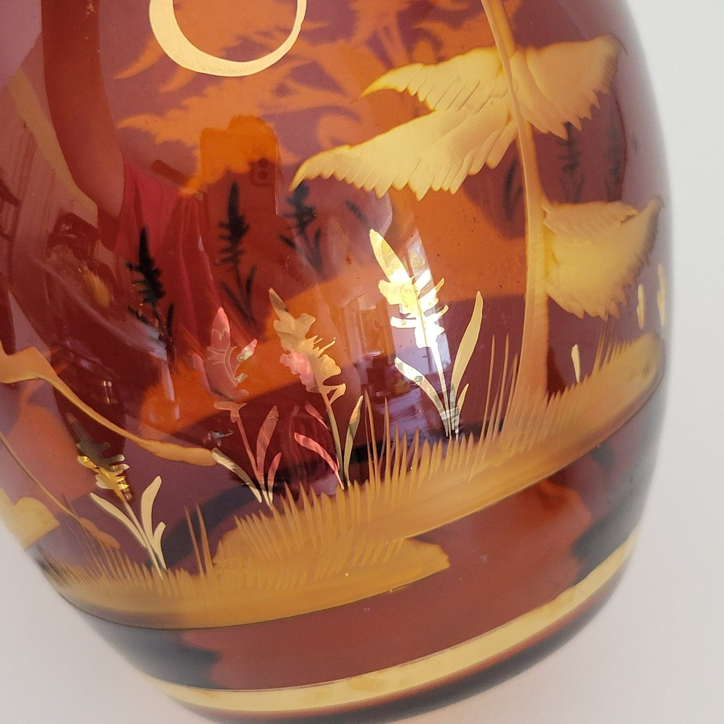 Vintage Etched Elk Stag Decanter Set, Amber Brown Bohemian Glass