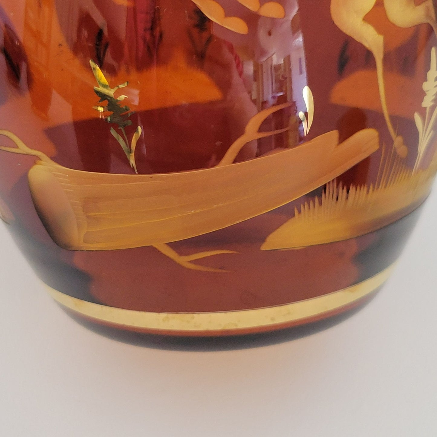 Vintage Etched Elk Stag Decanter Set, Amber Brown Bohemian Glass