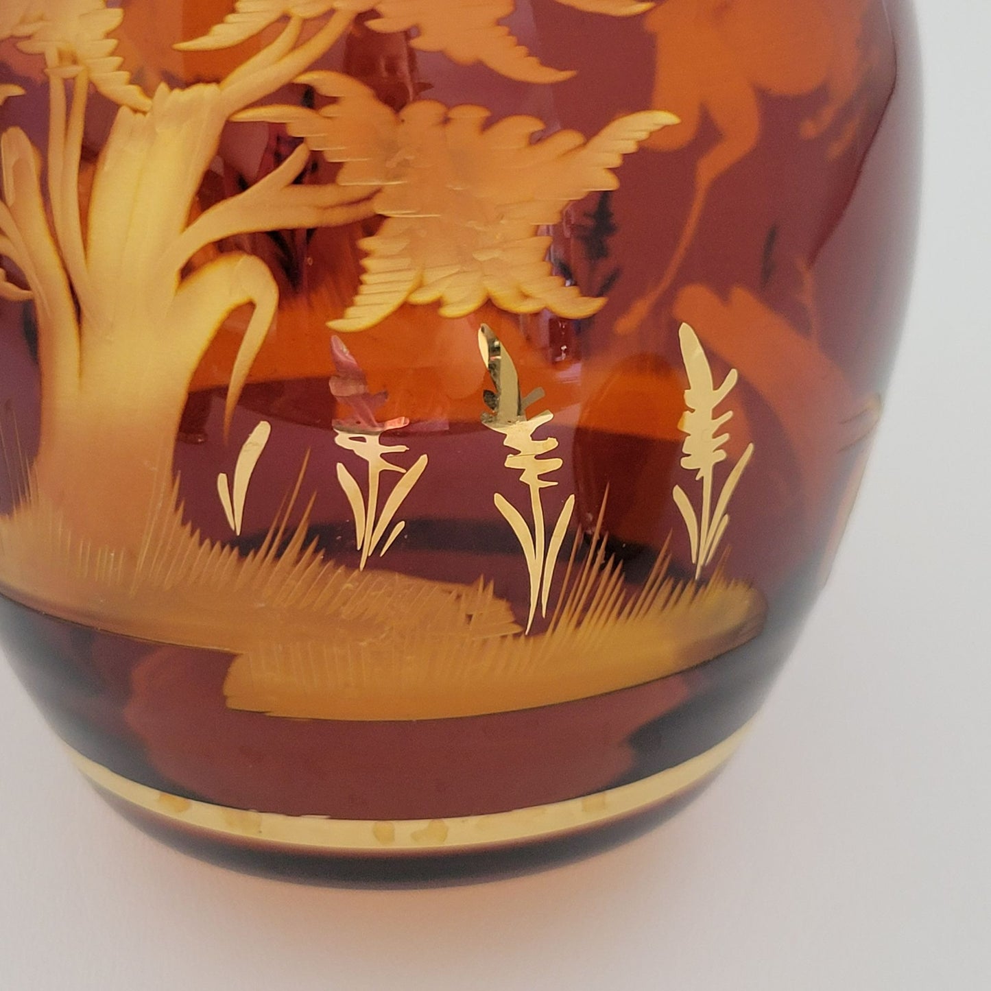 Vintage Etched Elk Stag Decanter Set, Amber Brown Bohemian Glass