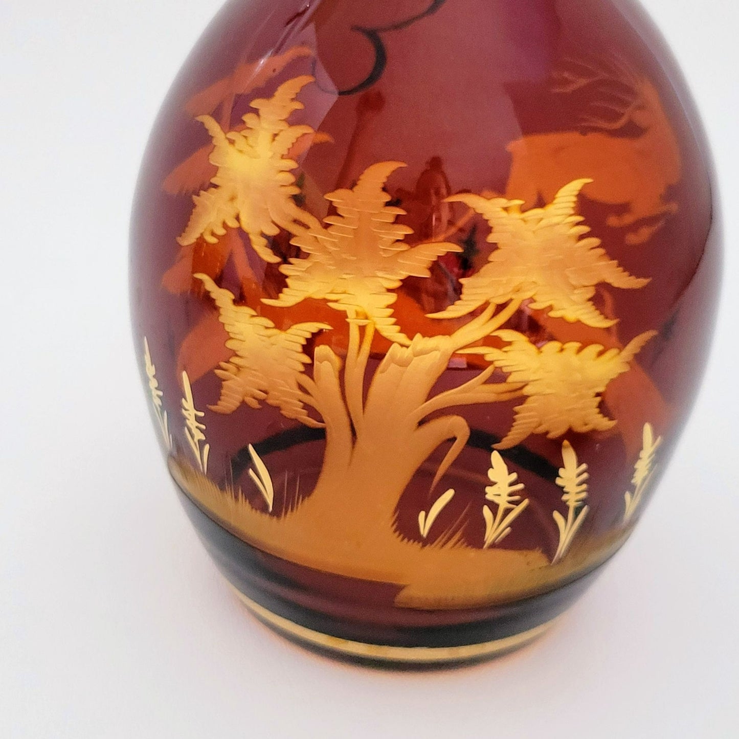 Vintage Etched Elk Stag Decanter Set, Amber Brown Bohemian Glass