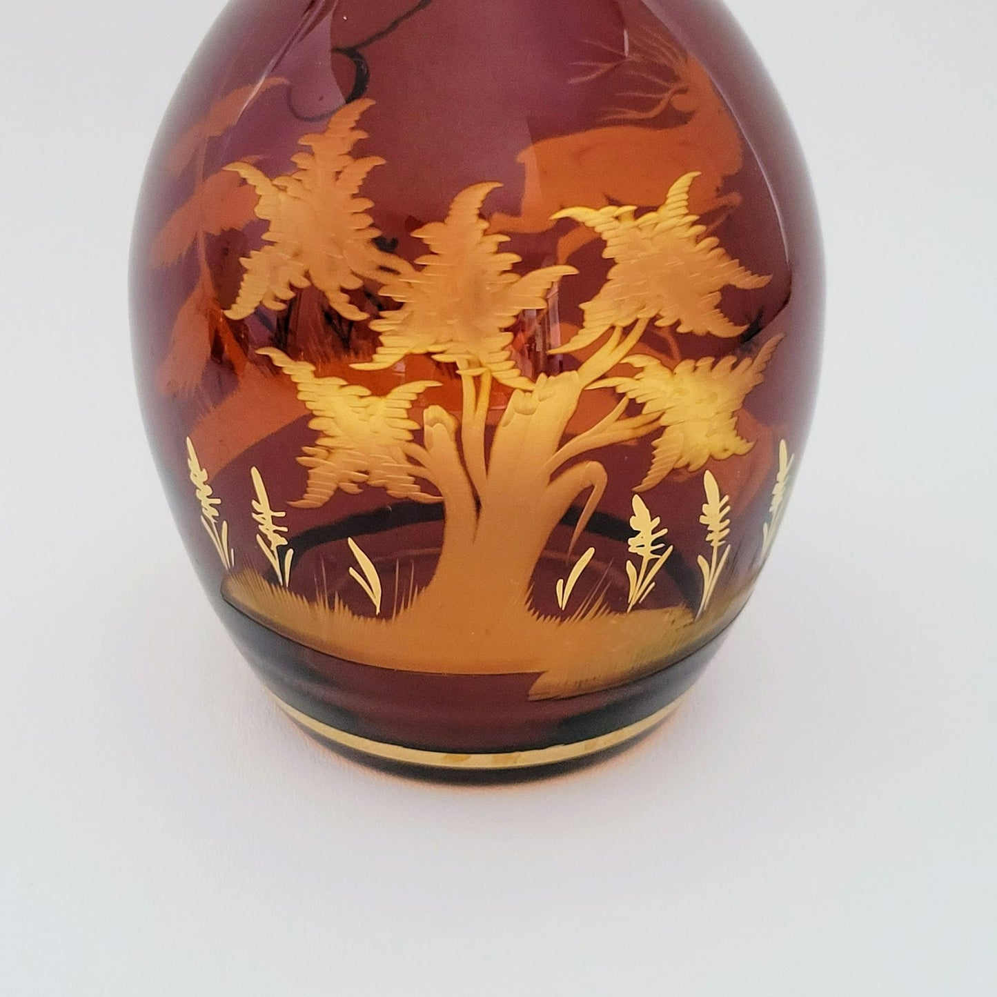 Vintage Etched Elk Stag Decanter Set, Amber Brown Bohemian Glass
