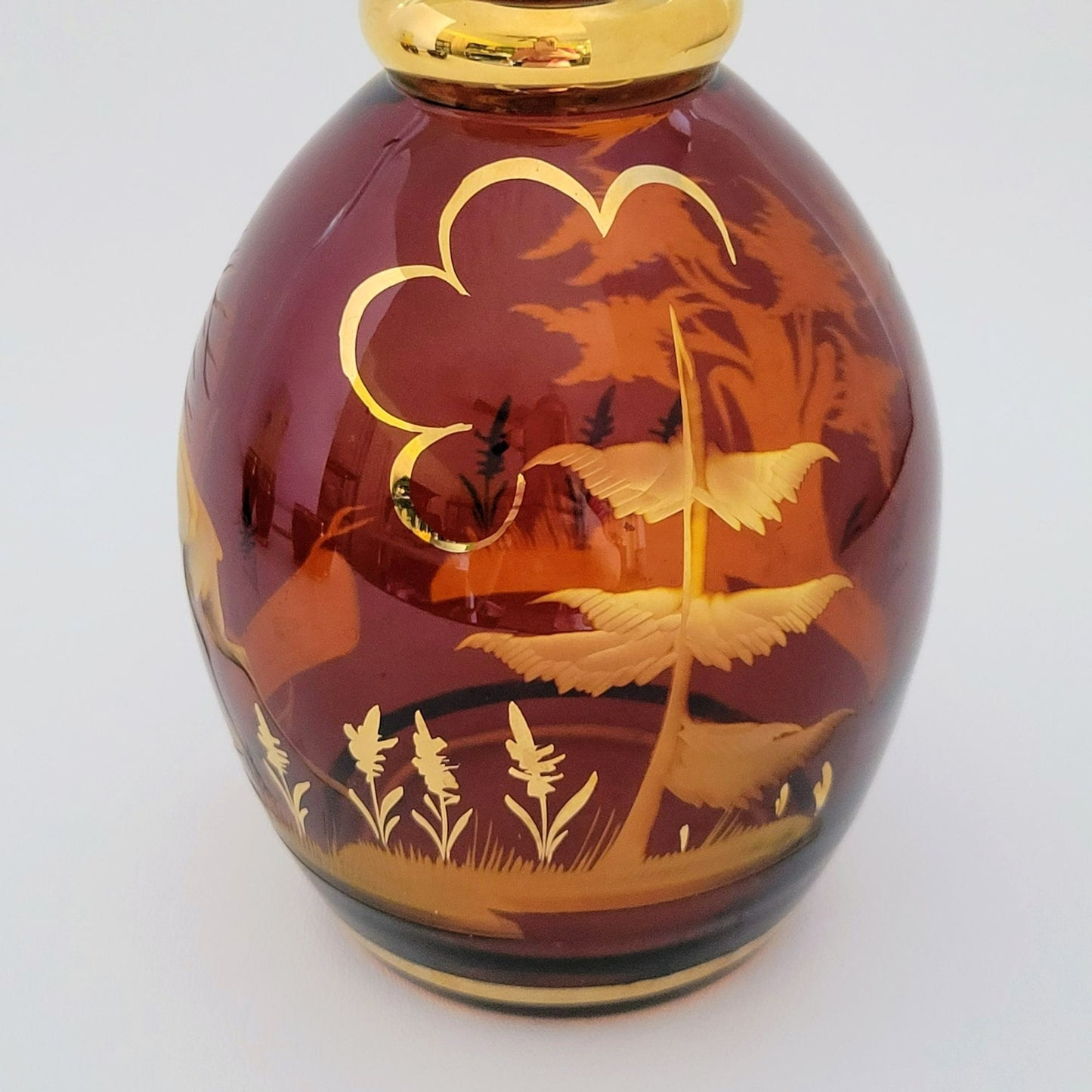 Vintage Etched Elk Stag Decanter Set, Amber Brown Bohemian Glass