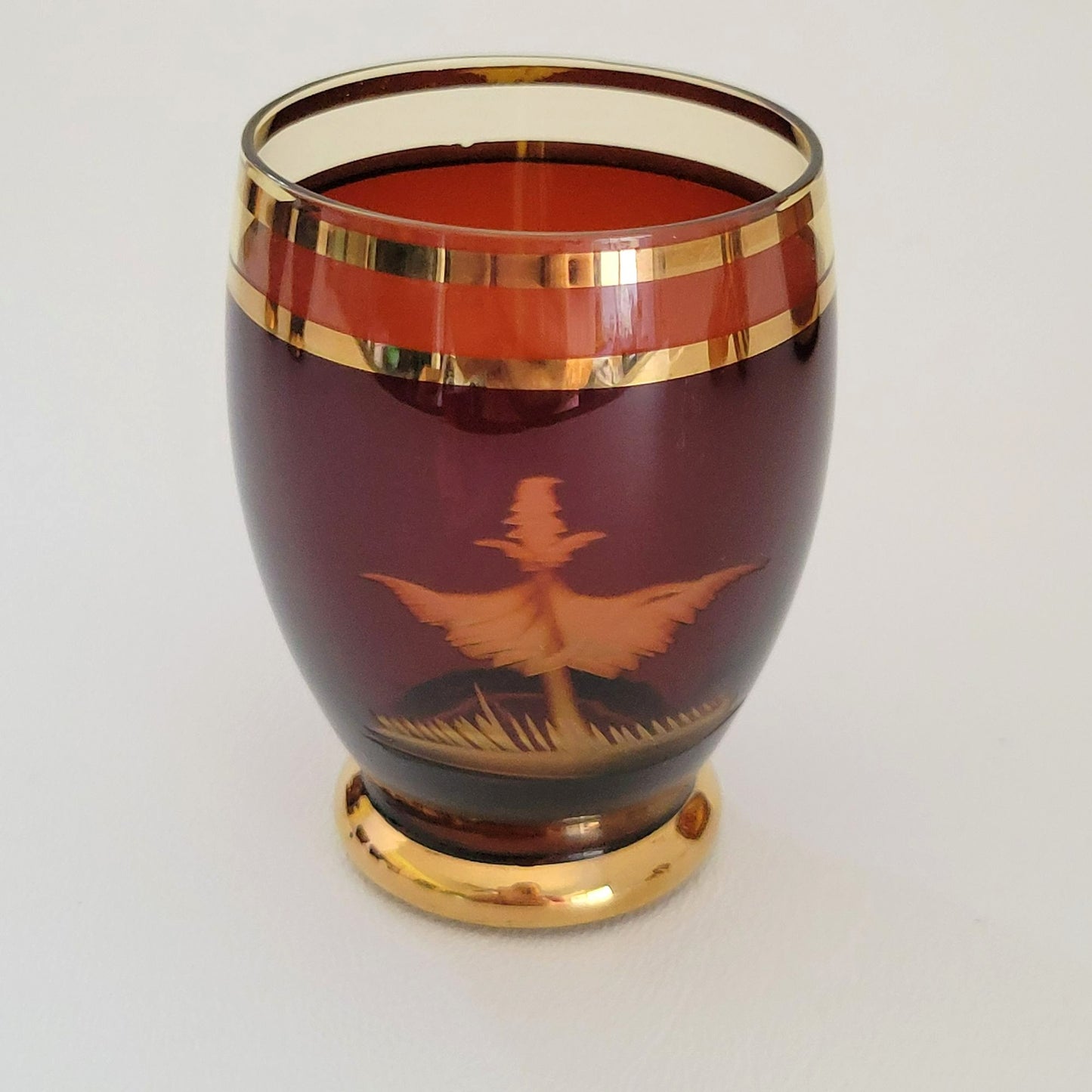 Vintage Etched Elk Stag Decanter Set, Amber Brown Bohemian Glass