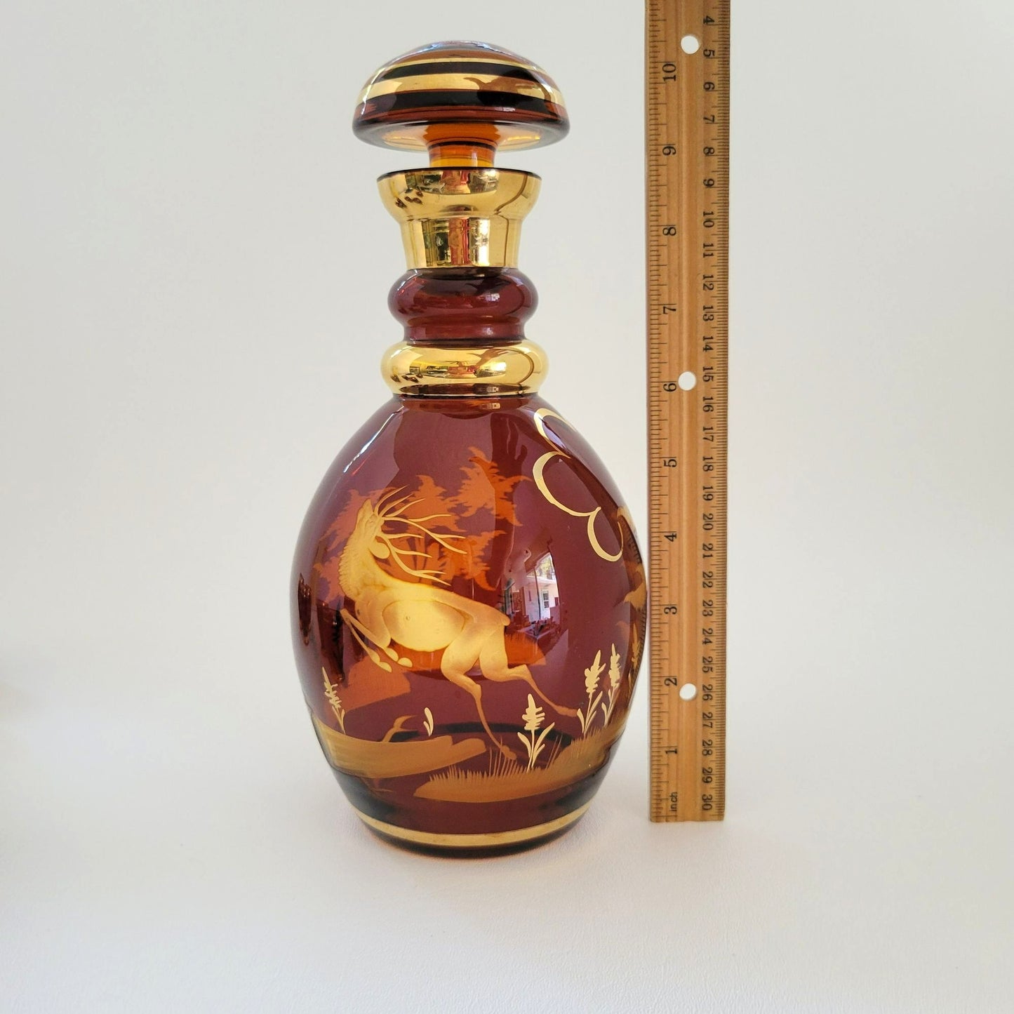 Vintage Etched Elk Stag Decanter Set, Amber Brown Bohemian Glass