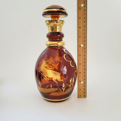 Vintage Etched Elk Stag Decanter Set, Amber Brown Bohemian Glass
