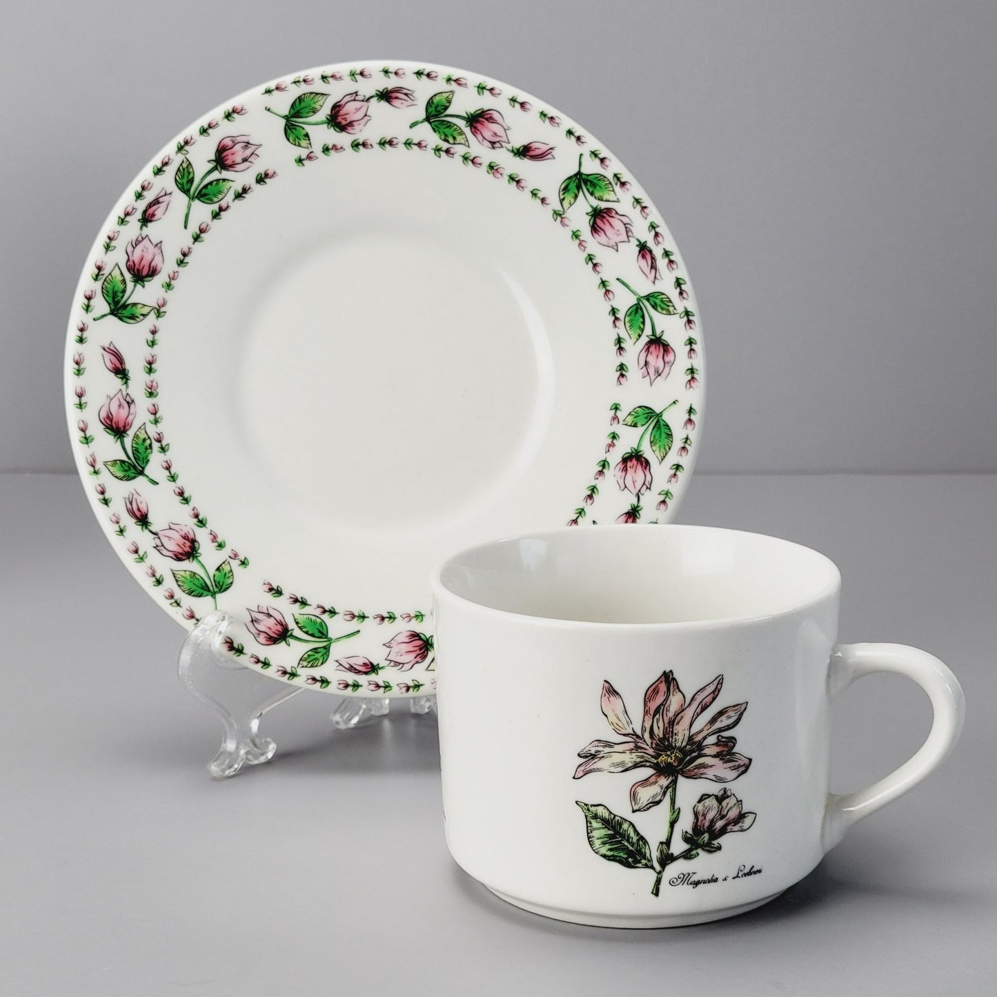 Botanical Gardens Magnolia Flower Cup, Saucer & Salad Plate Set, c1990s
