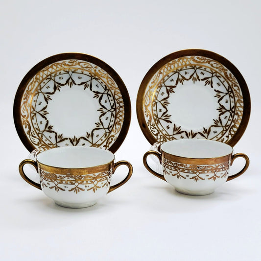 Heinrich & Co. Gold & White Bouillon Soup Cup & Saucer, 2 Sets, Made in Germany