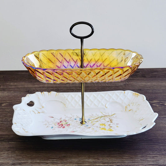 Unique Mismatched Tiered Dessert Stand, Carnival Glass & Floral Design